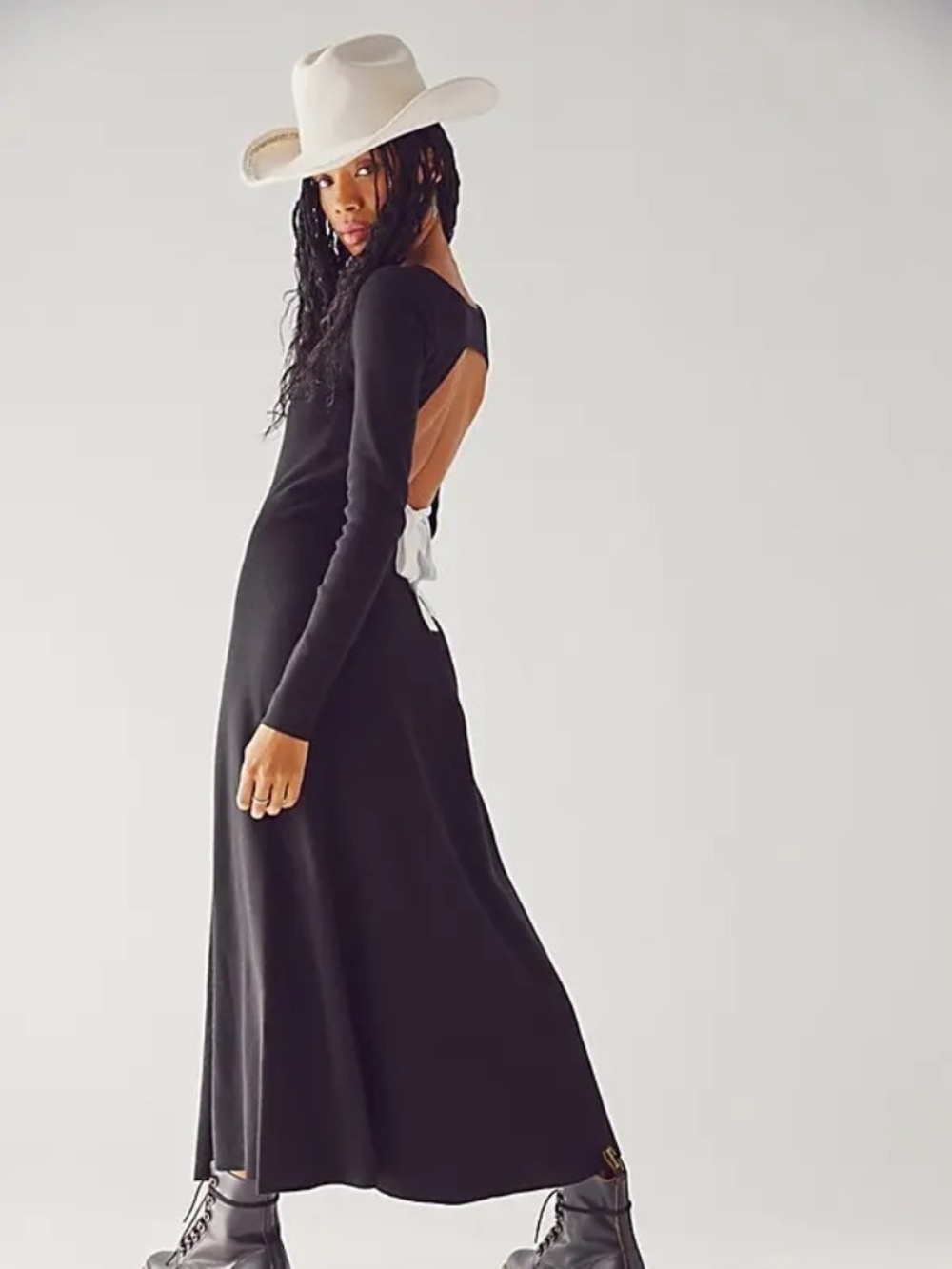 Free People Black Maxi Dress Backless Long Sleeve Tie Back Stretch Knit Size S